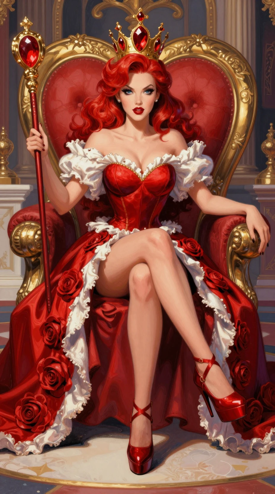 Regal red haired queen on a heart shaped throne