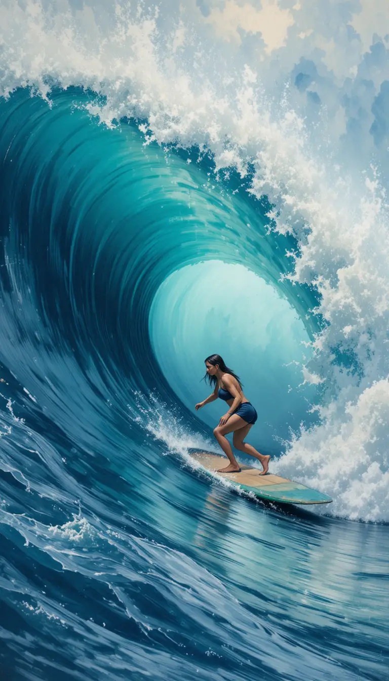 Mulher surfando ondas gigantes do Havaí em pintura gestual