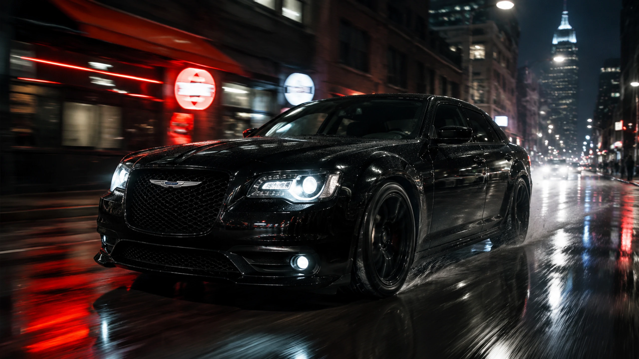 Black car racing through a dark neon lit city street