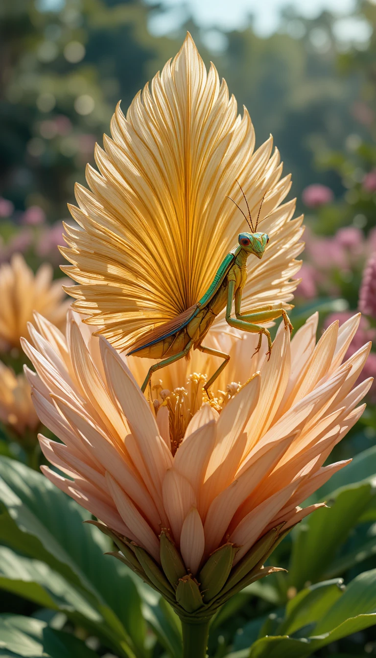 Macro mantis camouflaged as a golden peacock flower