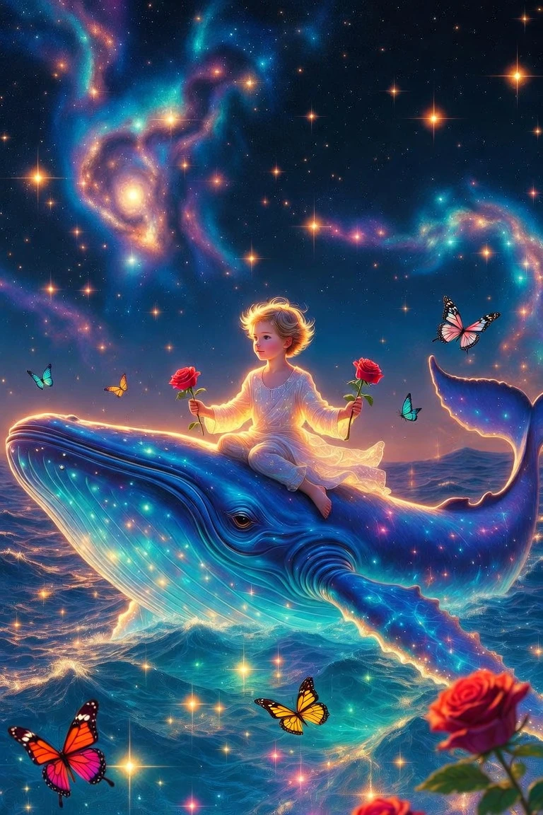 Golden haired boy riding a blue whale through stars