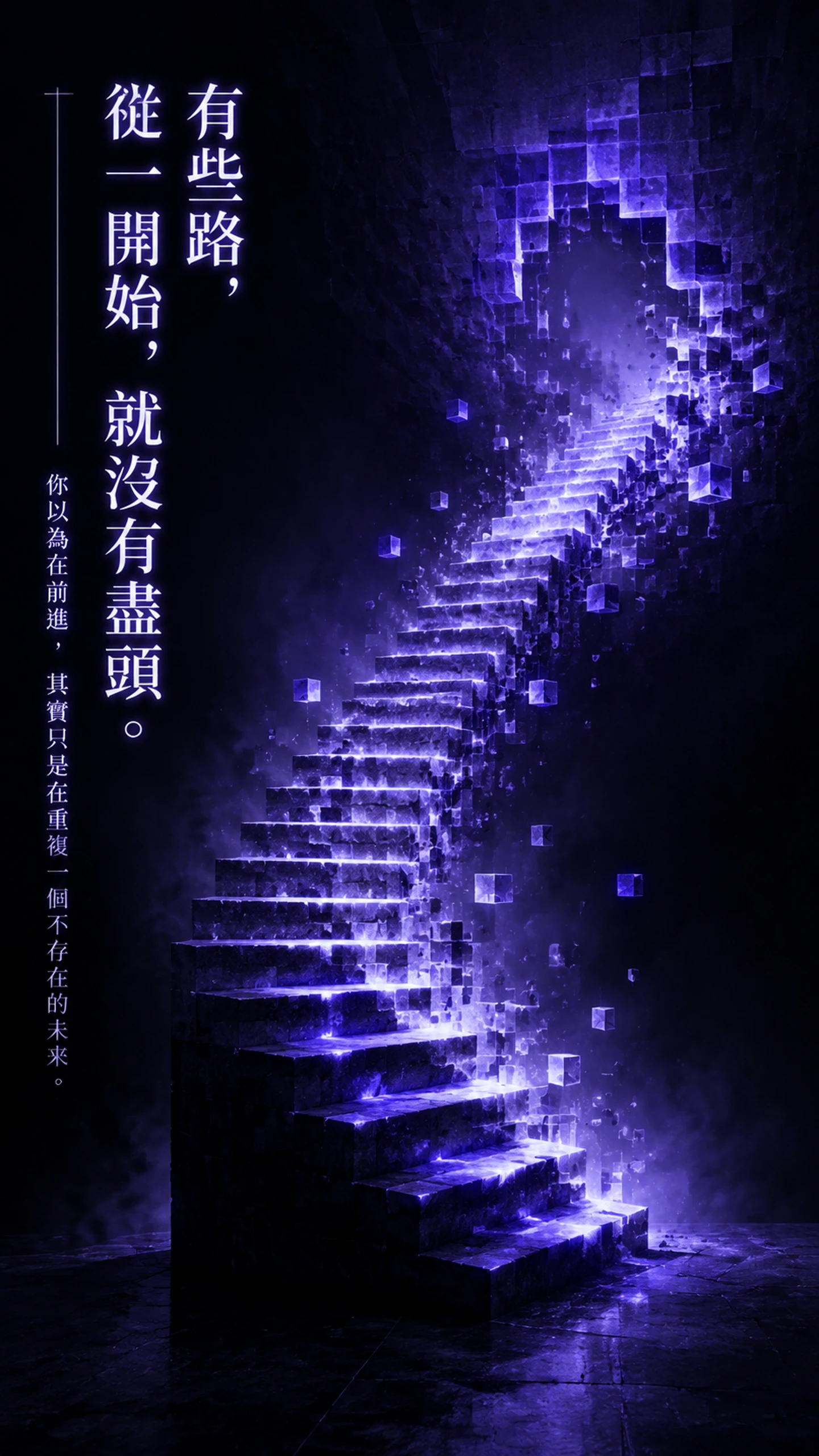 Endless abstract staircase dissolving into glowing voxels