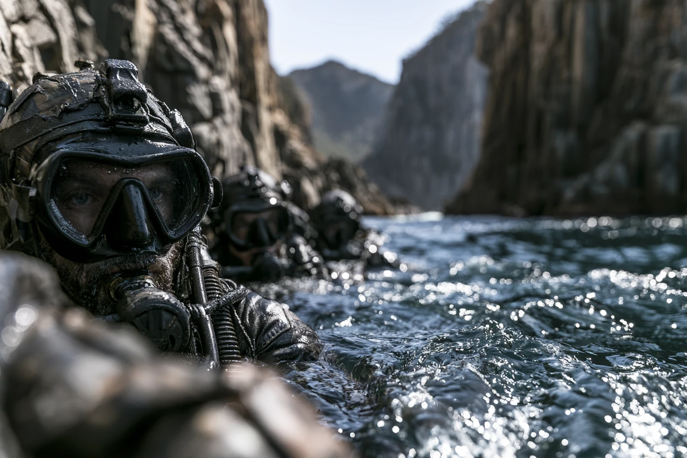 Military divers train in rough Tasman Sea waters near cliffs