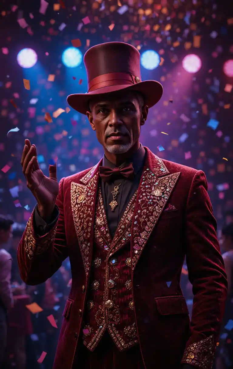 Man in red velvet suit under falling party confetti