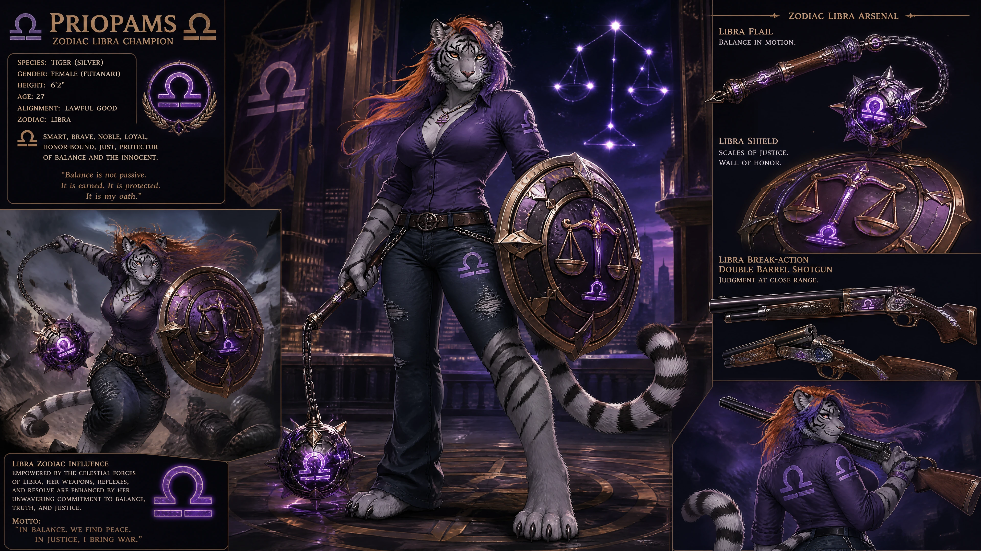 Anthro silver tiger warrior woman with shield and flail
