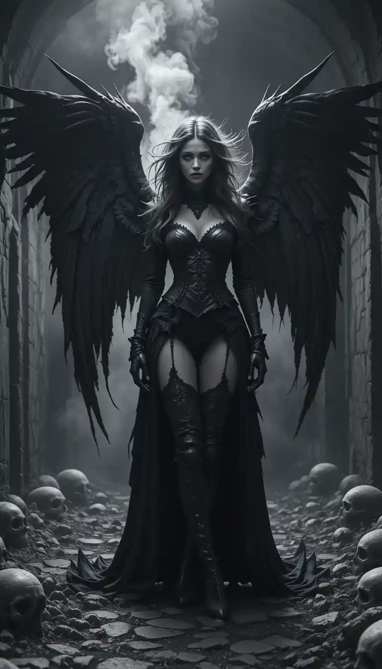 Sinister winged woman in a ruined crypt of skulls