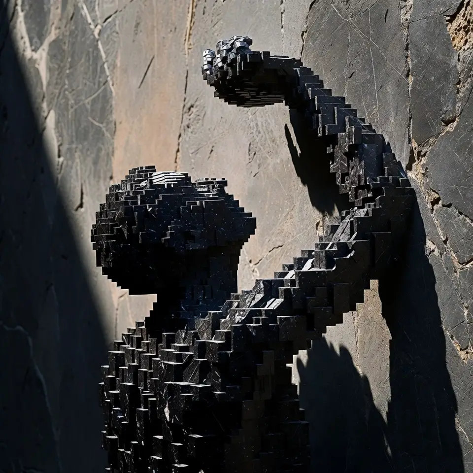 Pixelated shadow cast sharply across a simple wall