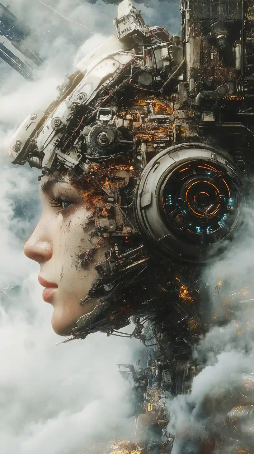 High tech archaeologists composing musical artifacts in sci fi ruins
