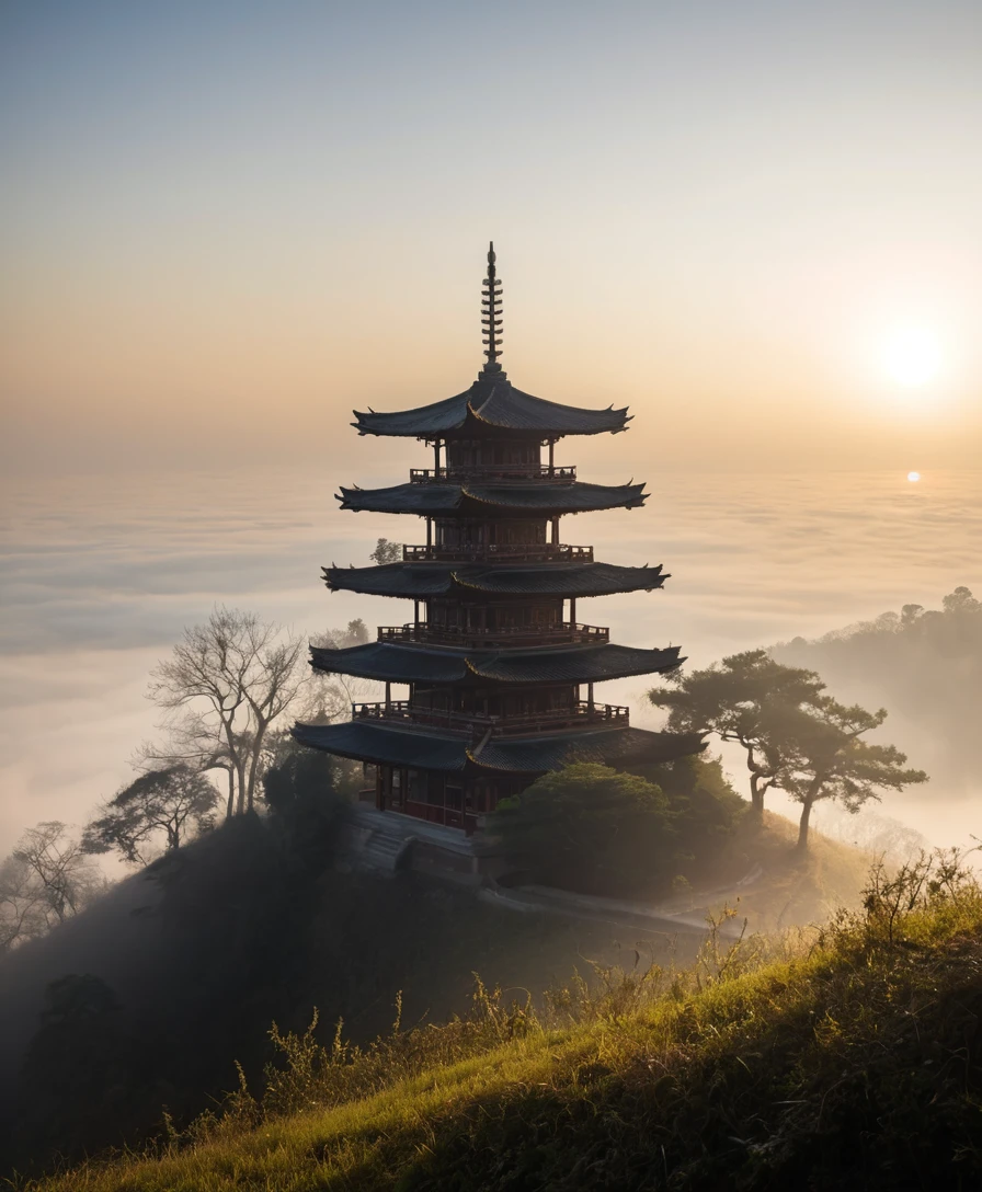 Misty hillside pagoda at sunrise above the distant horizon