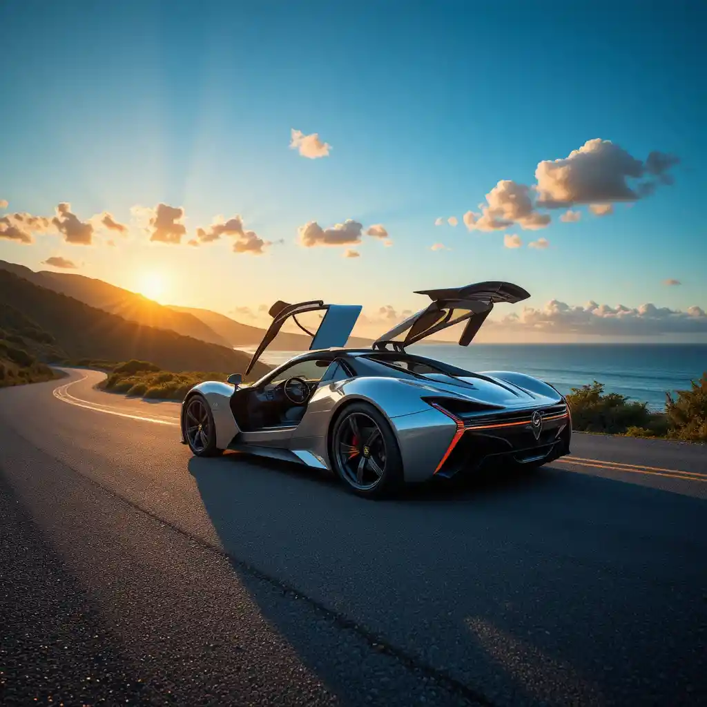 Futuristic silver sports car on a coastal road at sunset