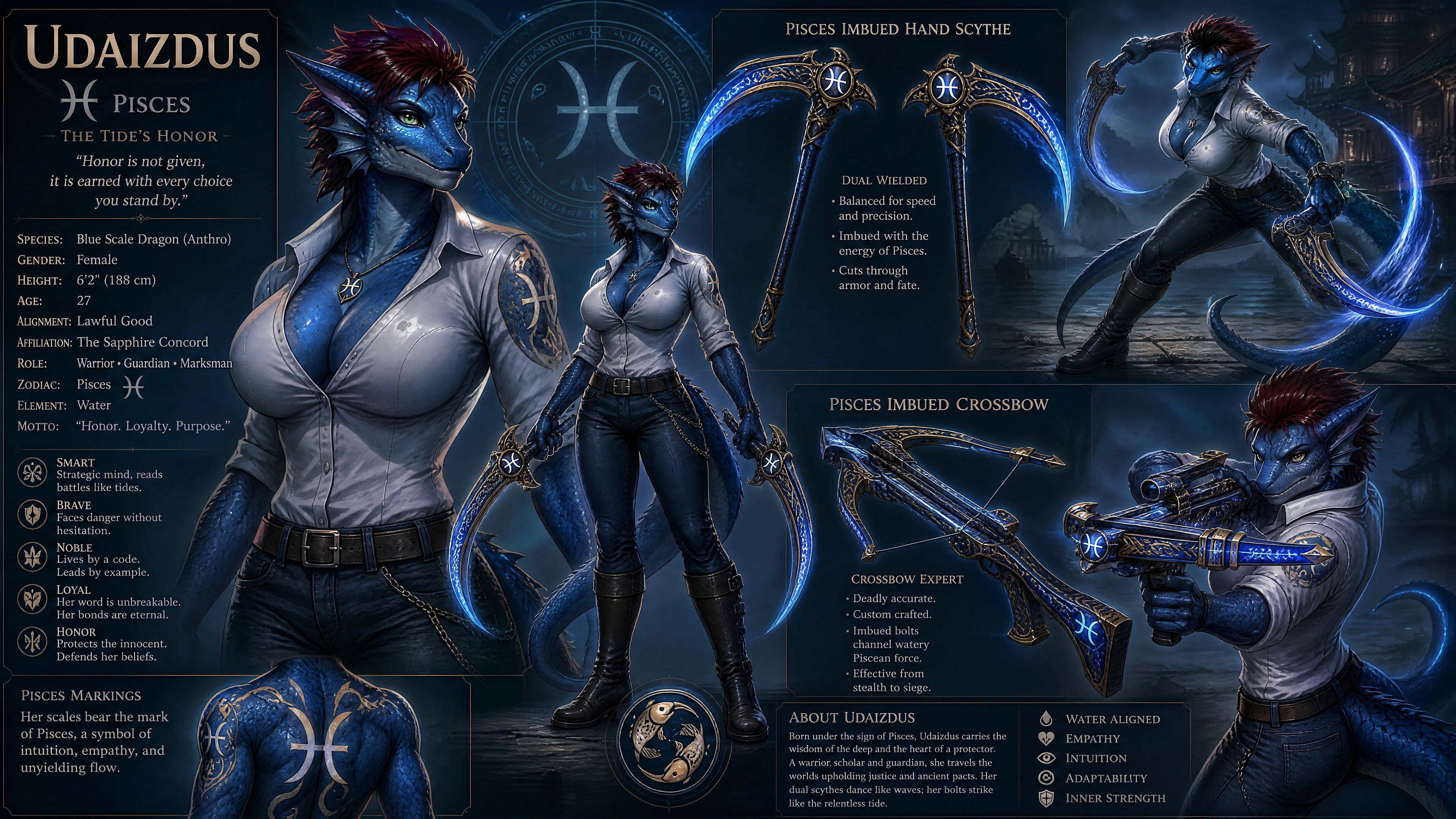 Blue scaled dragon woman in casual clothes with weapons