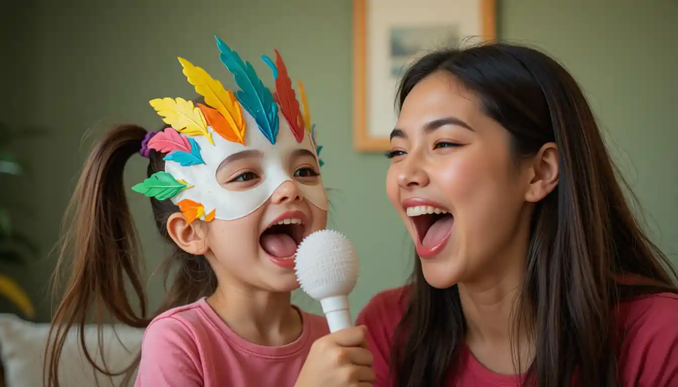 Mother and daughter singing together in colorful mask fun