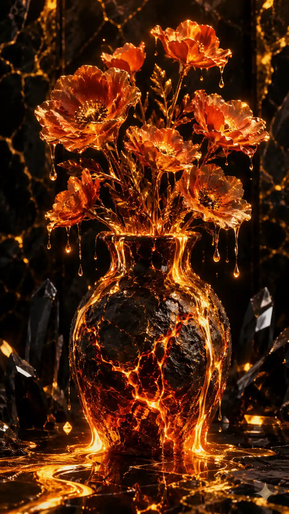 Molten stone vase with glowing lava veins and poppy flowers
