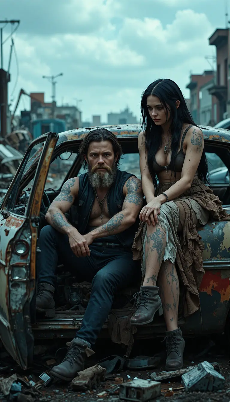 Bearded man and woman in a dystopian junkyard car