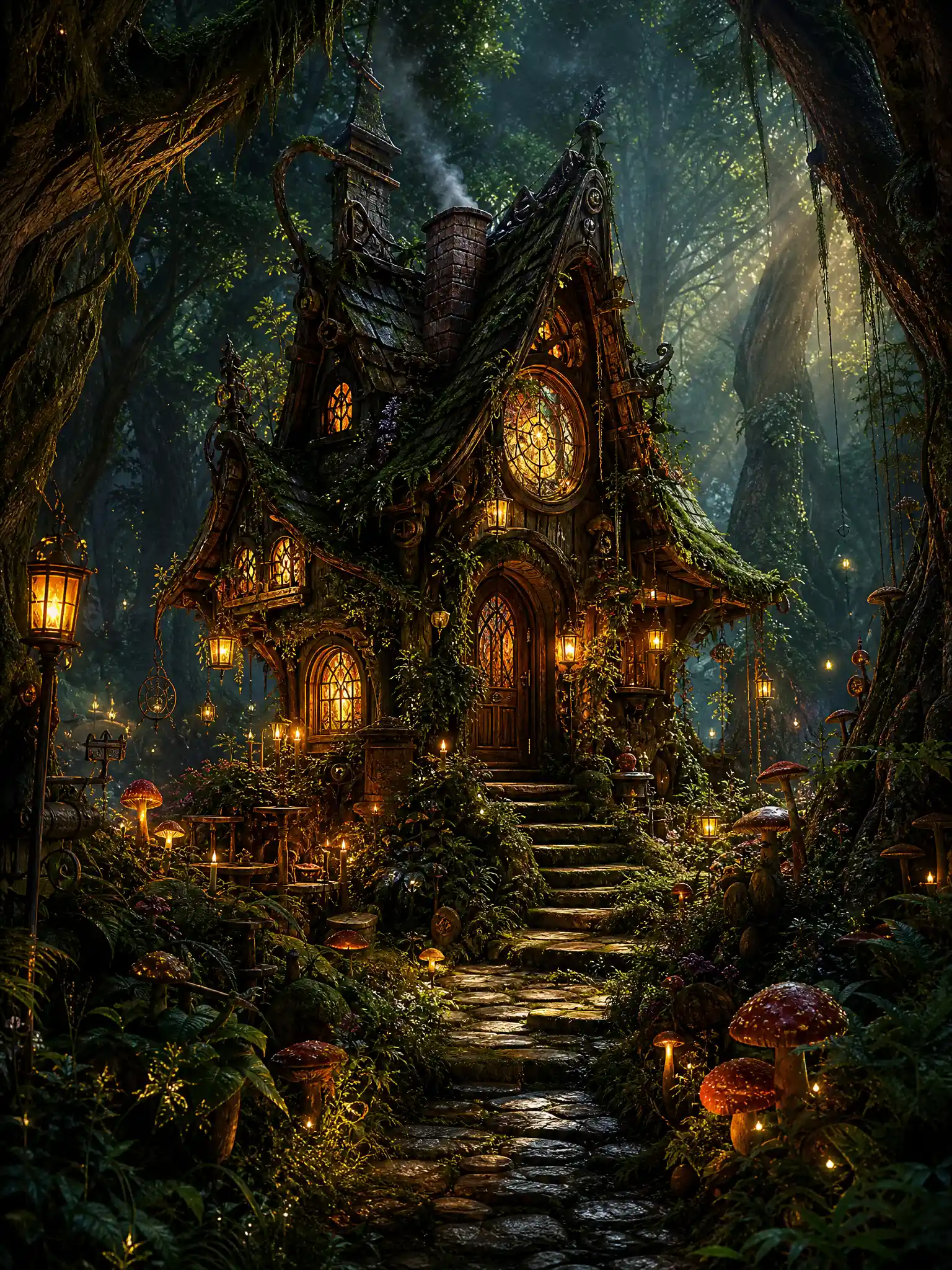 Enchanted forest cottage glowing with lanterns and candles