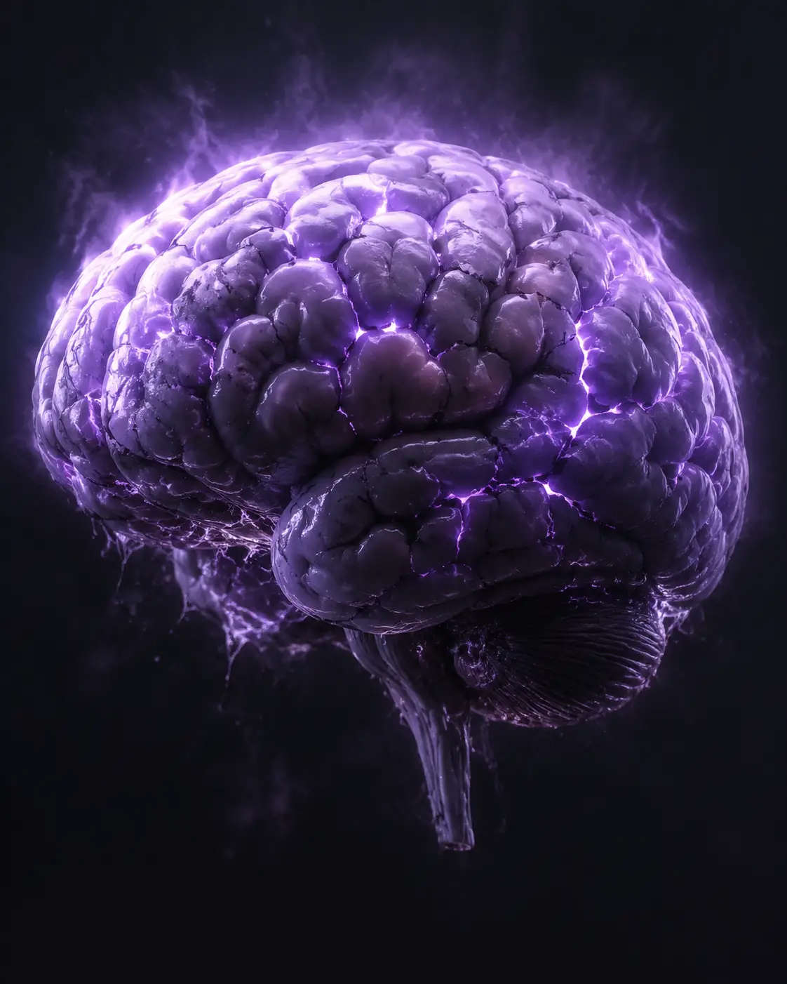 Glowing Human Brain With Neon Purple Aura In Darkness