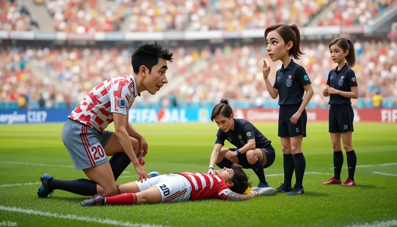 Soccer player helping injured opponent during match