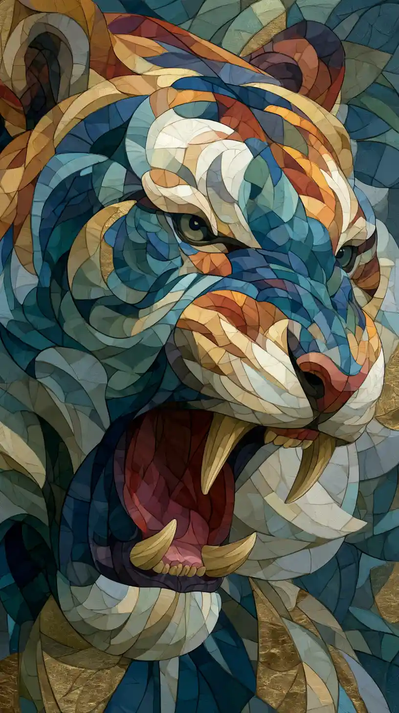 Abstract cubist portrait of a growling rainforest tiger