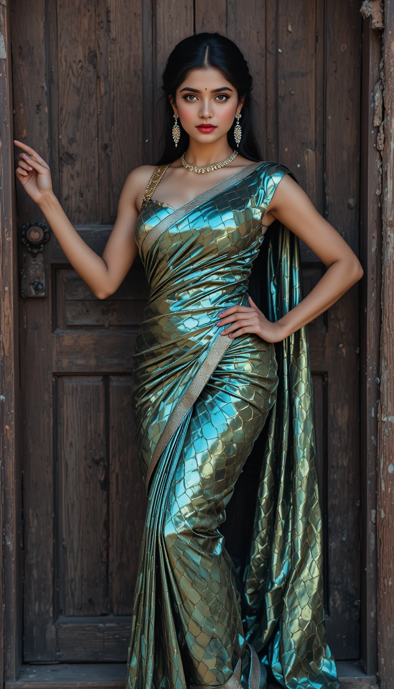 Seductive woman in glossy saree bending in full body pose