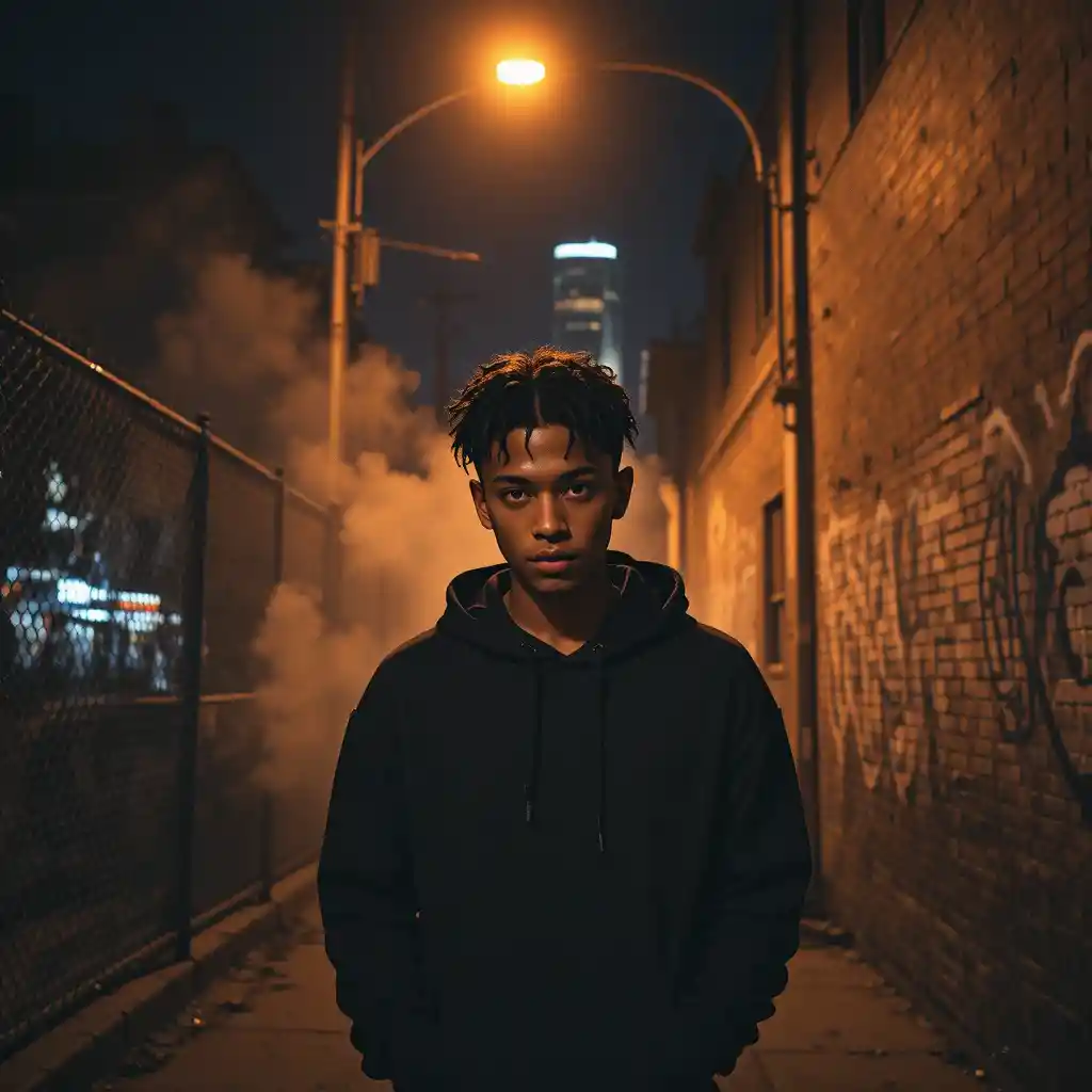 Young man in a dark Chicago alley under orange streetlight