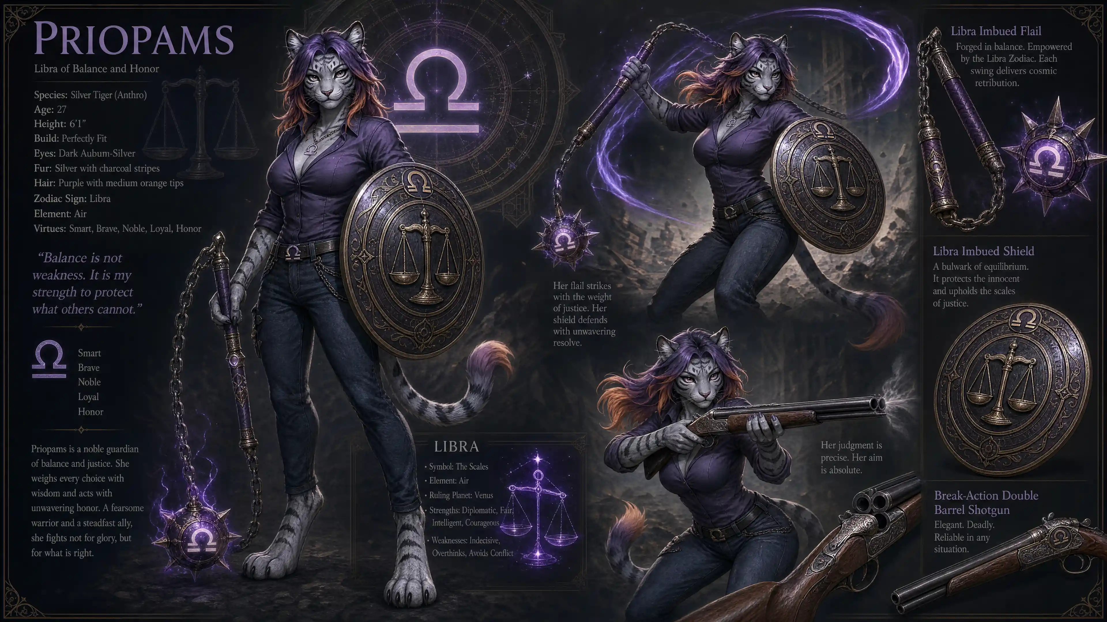Anthro silver tiger woman with libra flail and shield