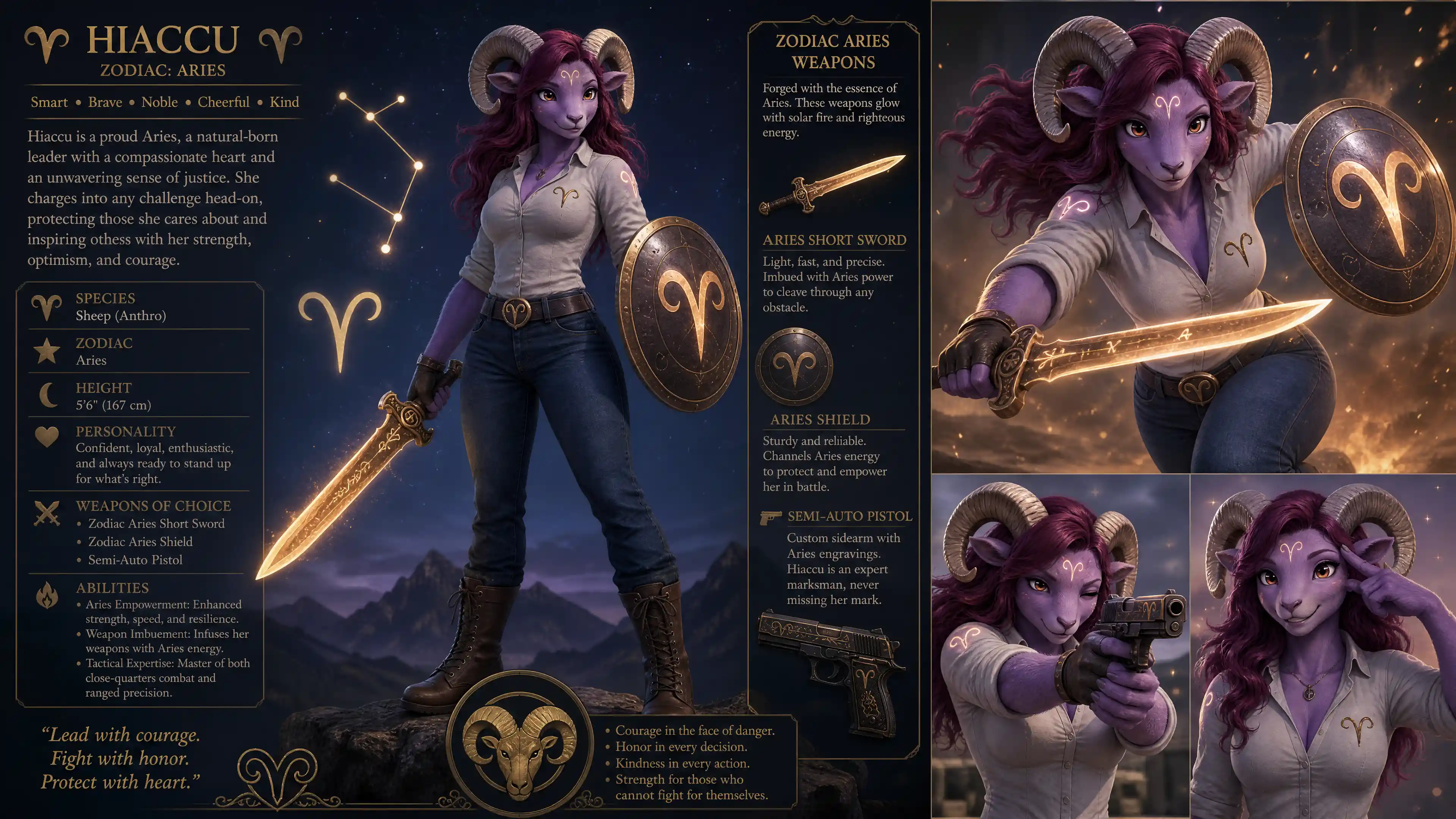 Purple fur aries warrior woman with sword and shield