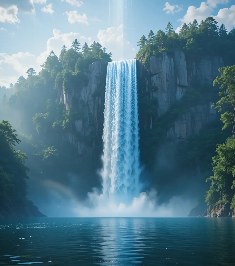 Surreal waterfall rising into the sky above a forest lake