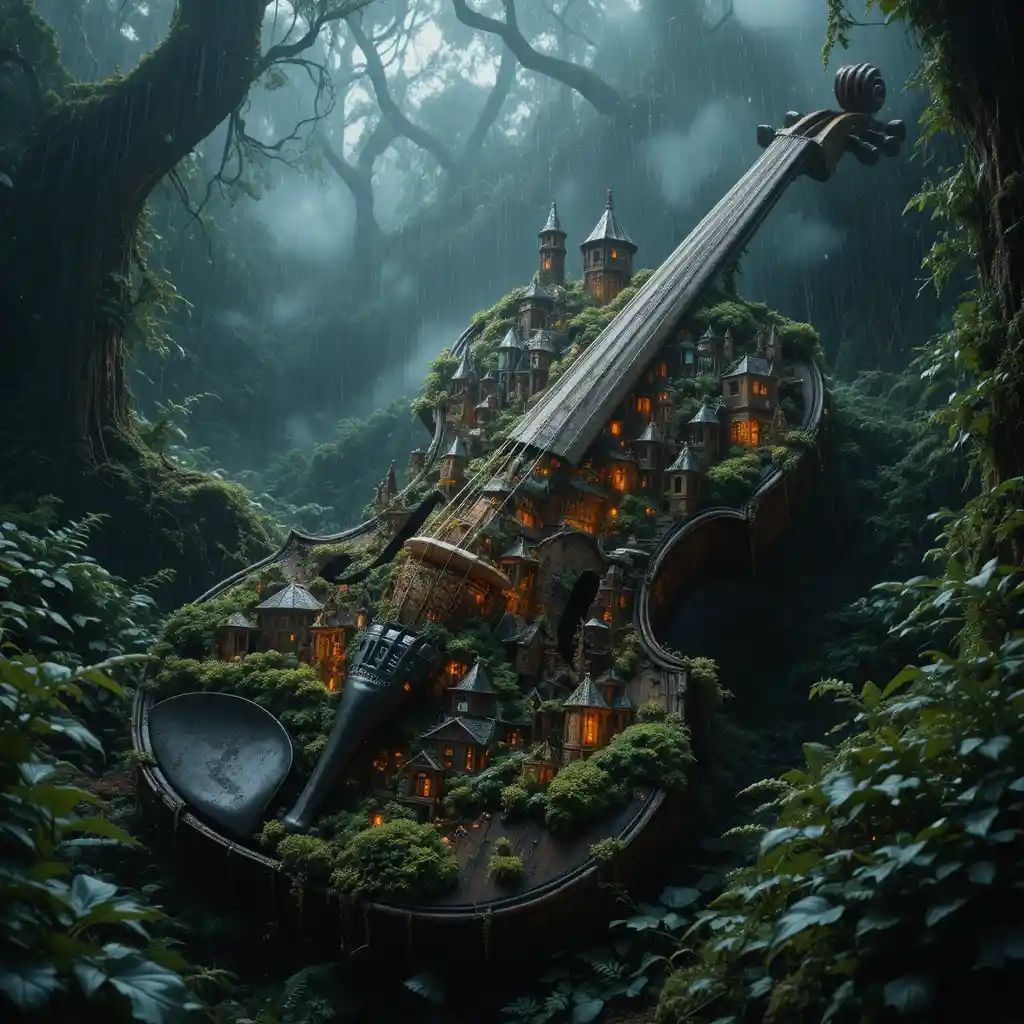 Ancient Moss Covered Violin Holding A Glowing City