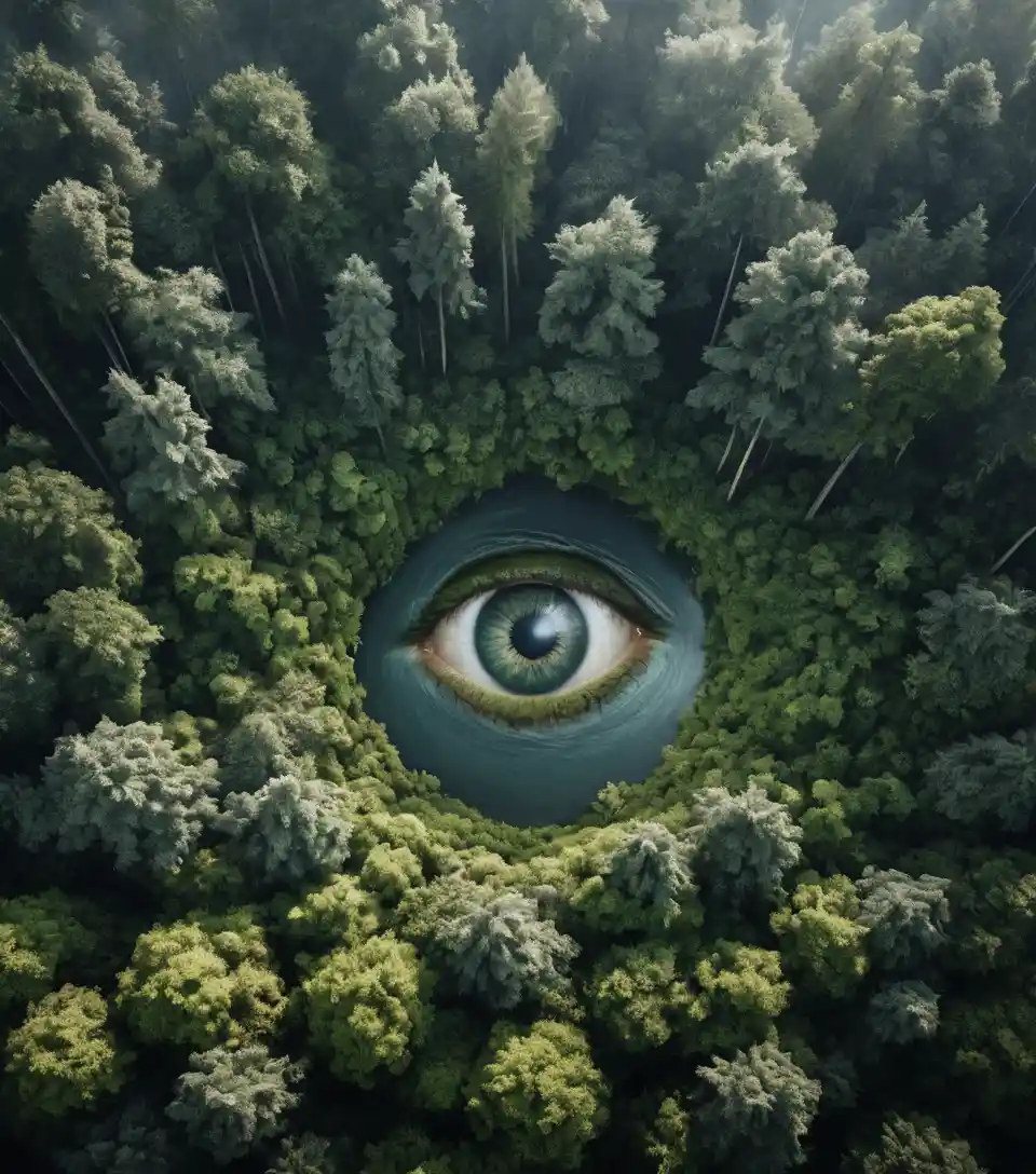 Aerial view of forest and river forming a giant eye