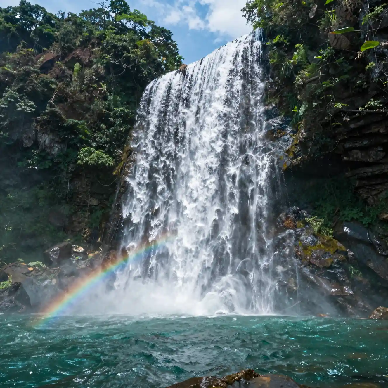 Surreal Waterfall Rising Into The Sky Over Forest Lake