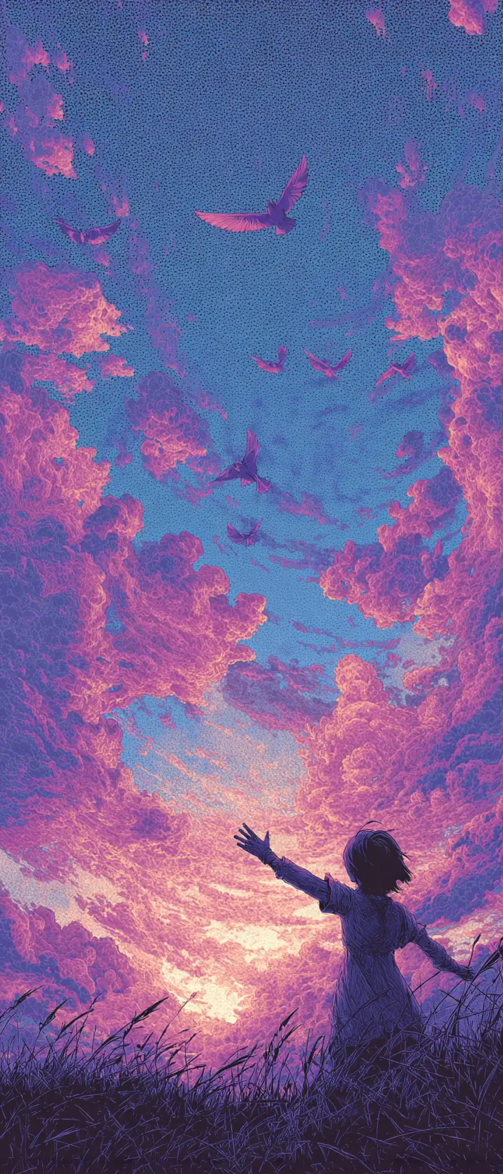 Radiant anime girl reaching toward a luminous breaking dawn