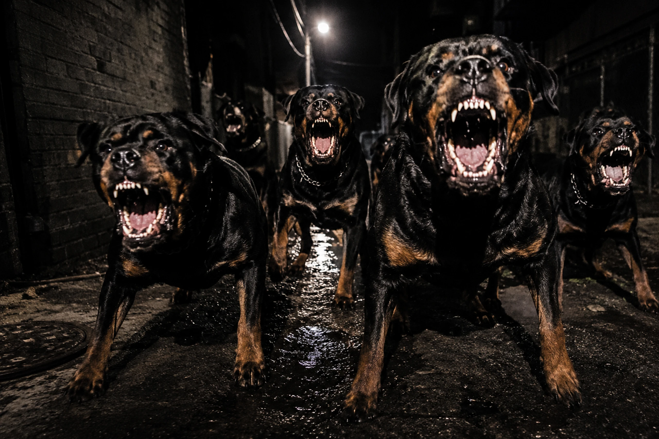 Aggressive rottweilers barking in a dark urban alley