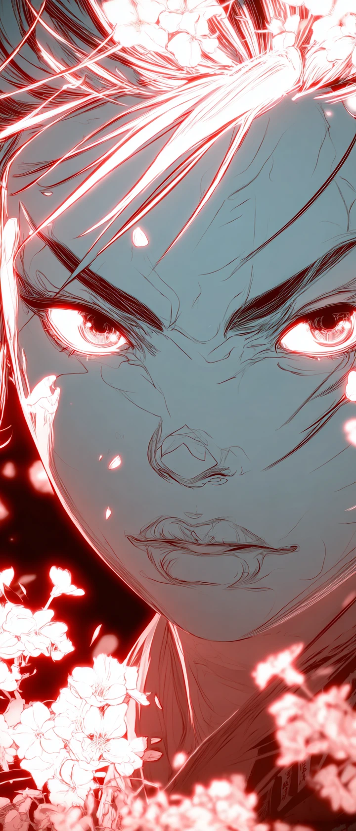 Fierce anime protector in low angle solarized portrait