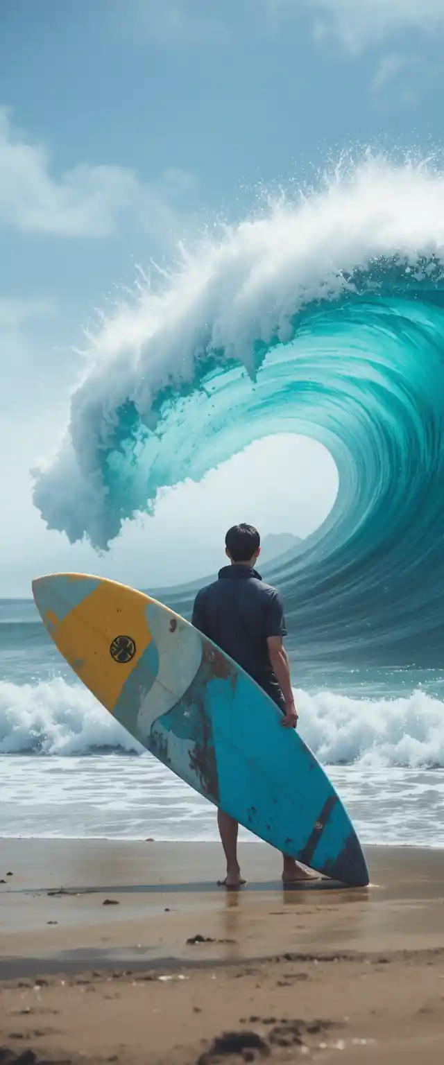 Surfer Holding Board Faces Giant Wave On Colorful Beach