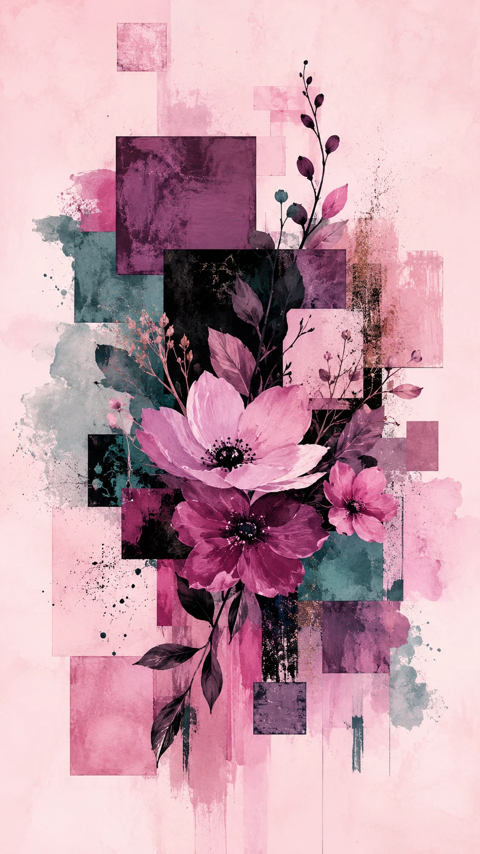 Abstract flowers framed by layered squares in soft pastel tones