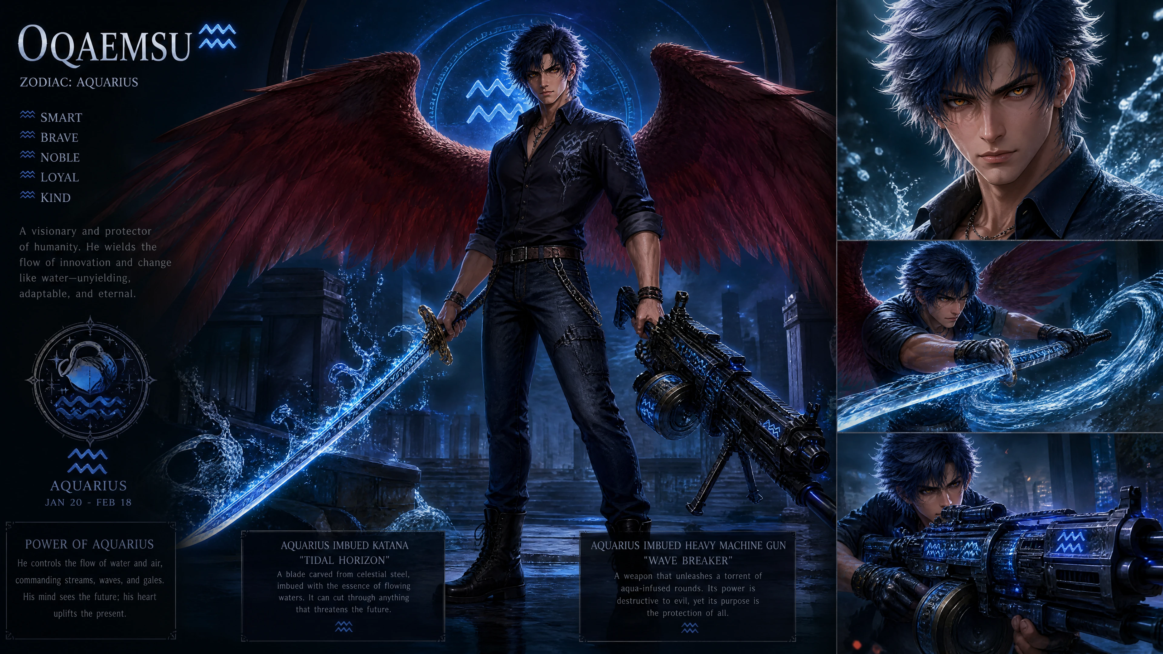 Winged warrior man with falcon wings and glowing aquarius symbols
