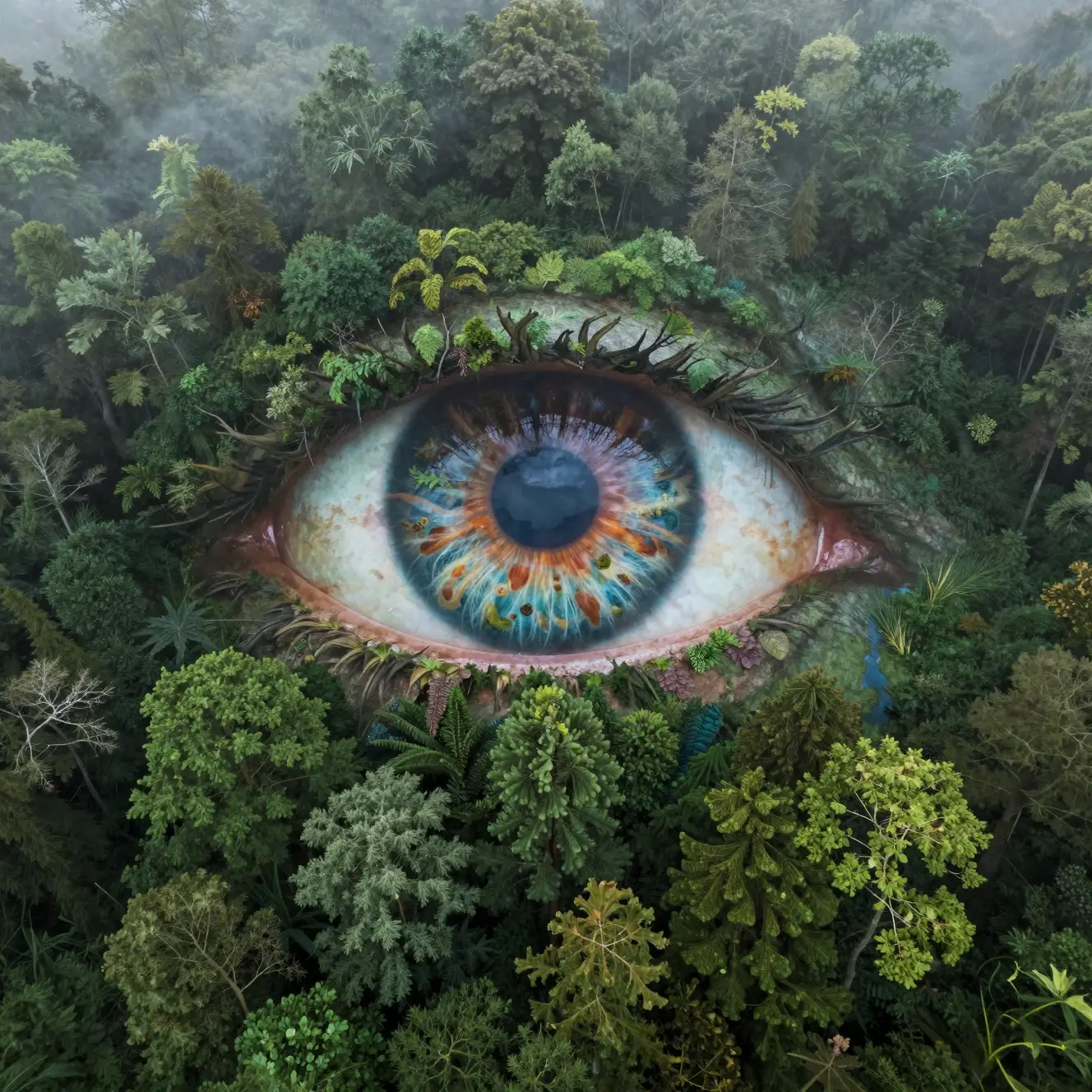 Aerial forest forming a giant human eye in morning mist