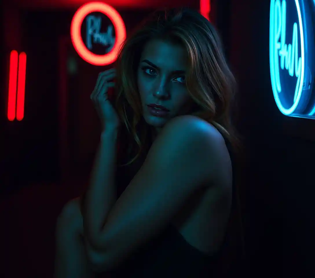Sensual woman in surreal neon lit night city scene