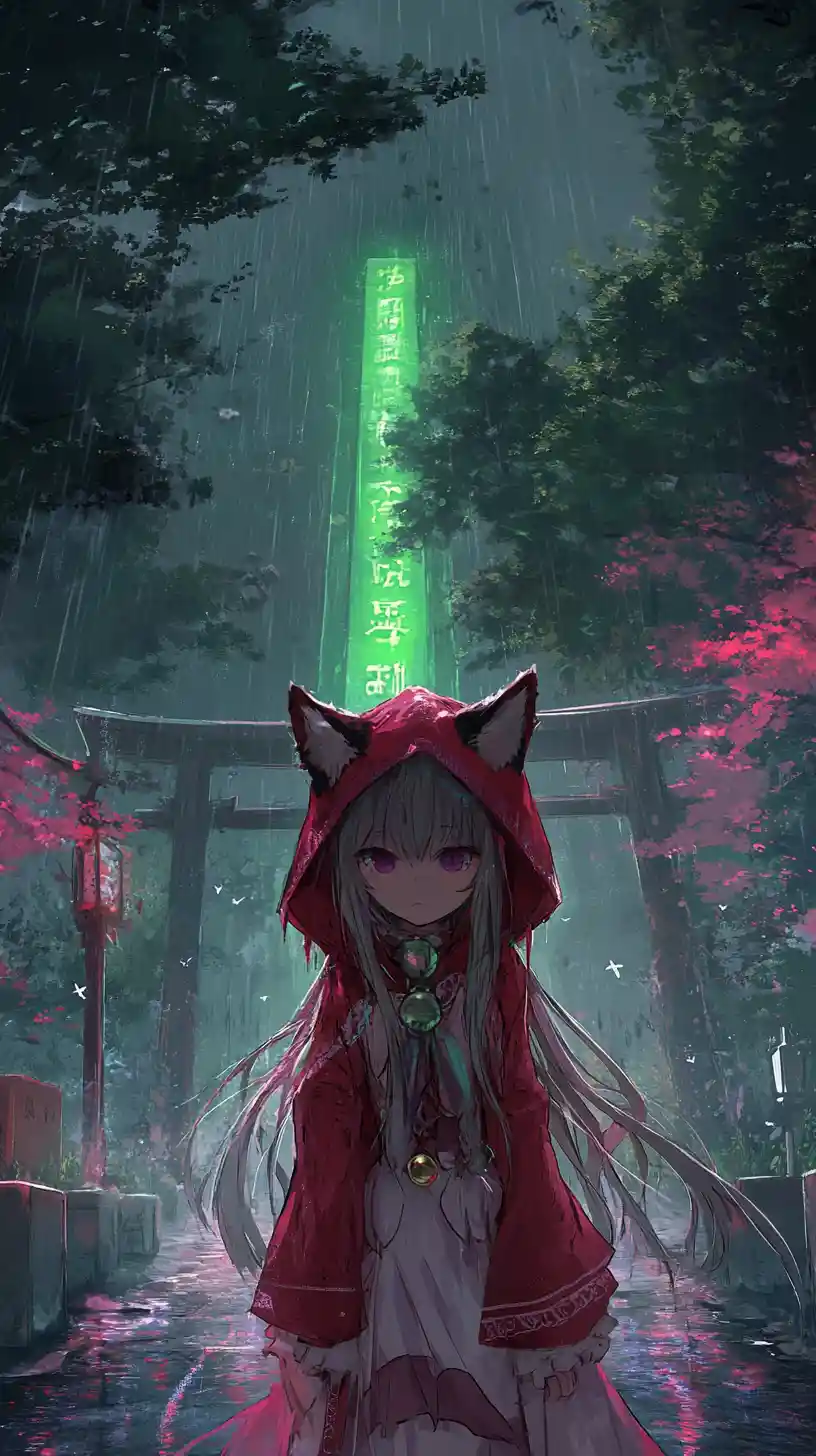 Anime girl before neon tower in stormy fantasy city