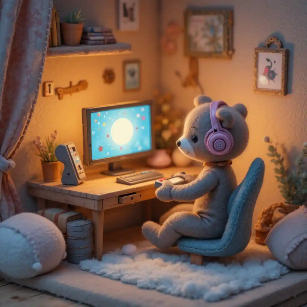 Felt teddy bear gaming at a cozy handmade desk