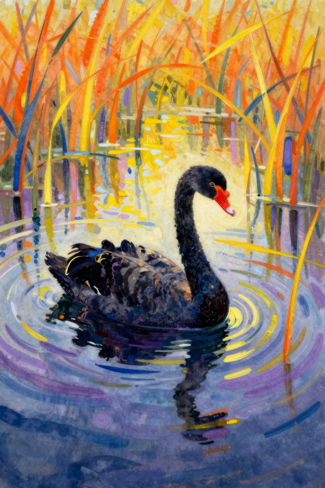 Cisne negro en lago vívido y colorido en estilo expresivo
