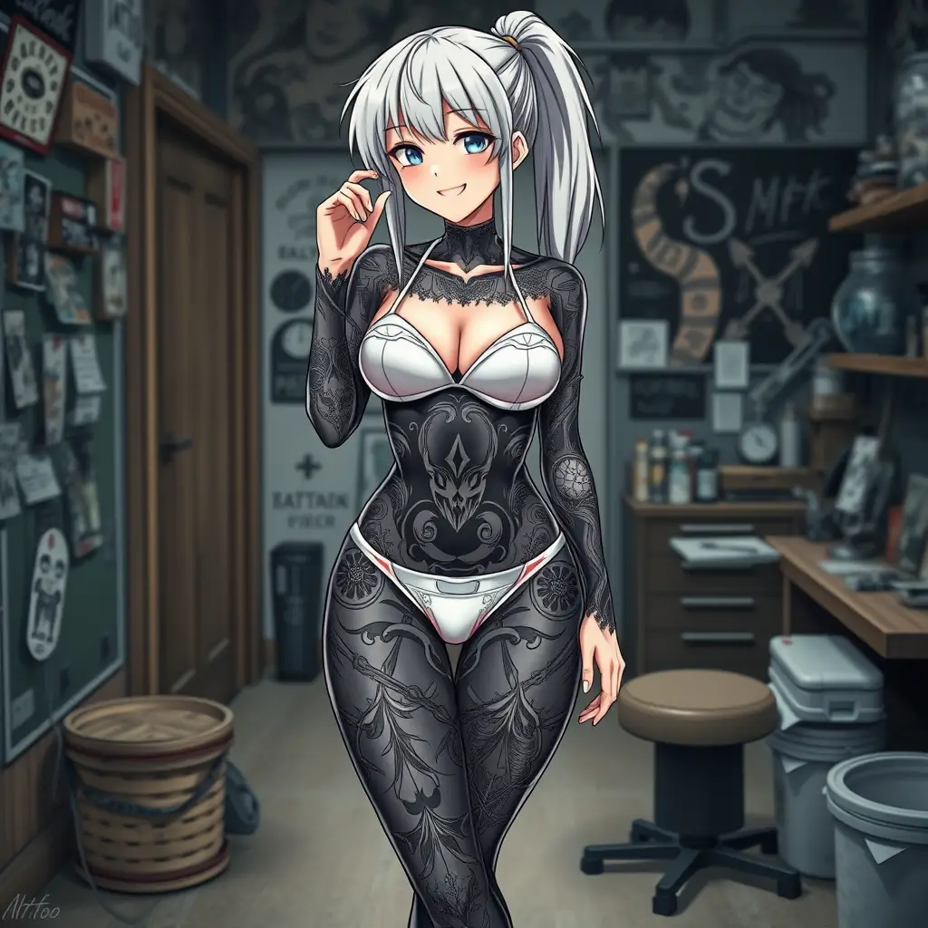 Mulher de anime com rabo de cavalo prateado em um estúdio de tatuagem