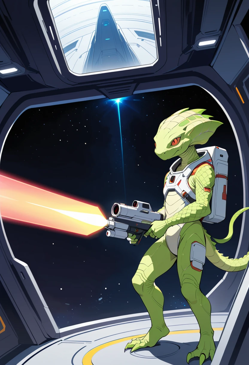 Reptilian alien firing a laser gun in spaceship hangar