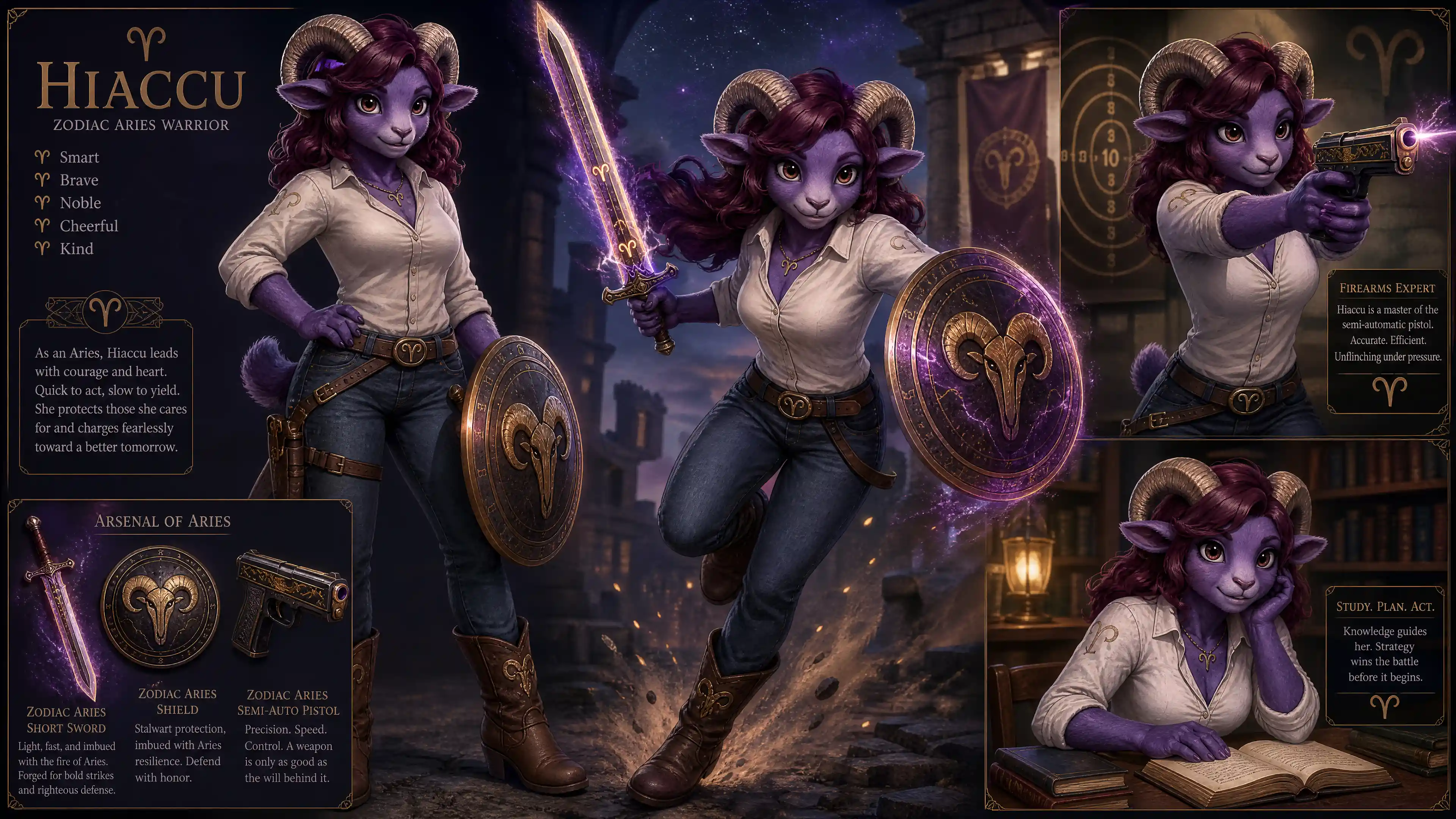 Purple fur aries warrior woman with sword and shield