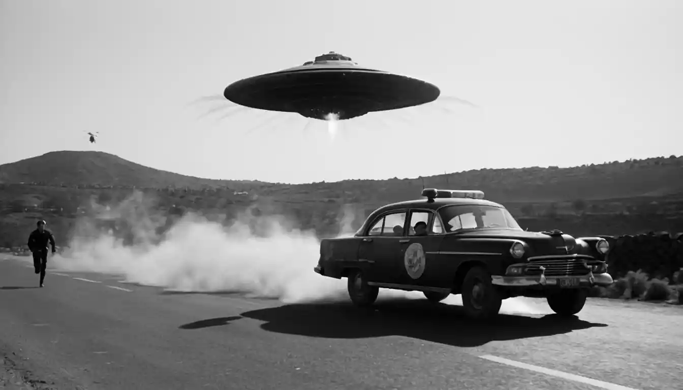 Classic flying saucer abducting a lone human figure