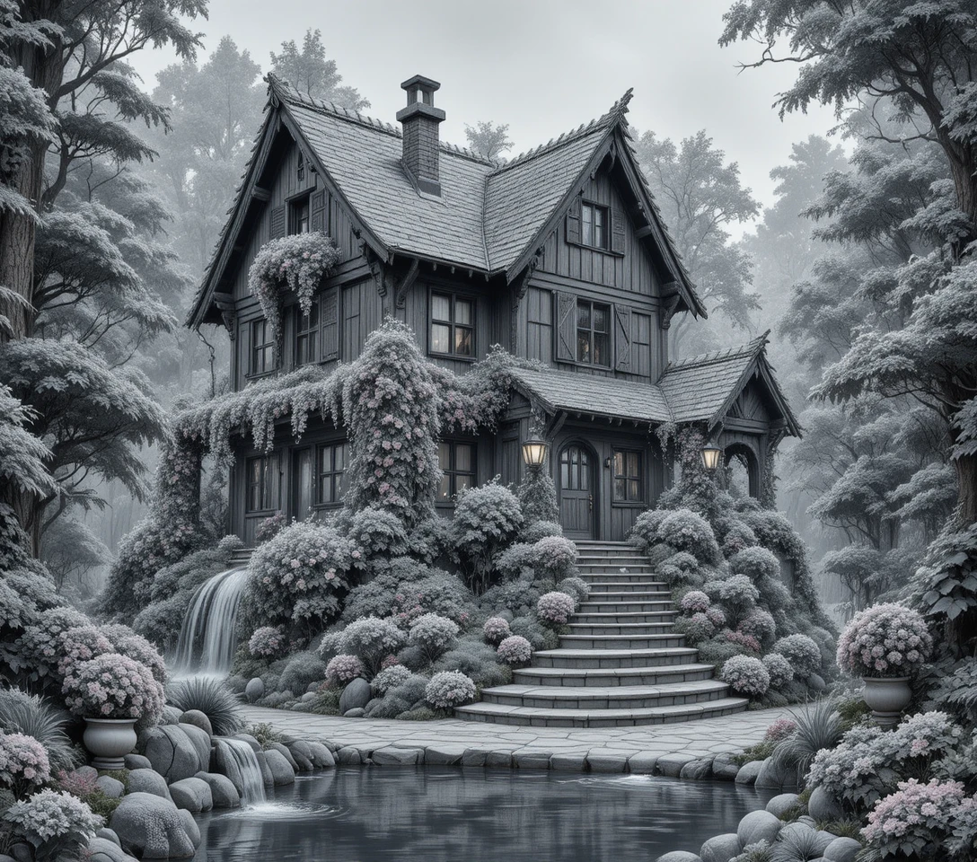Enchanted vine covered house with cascading flowers in gray