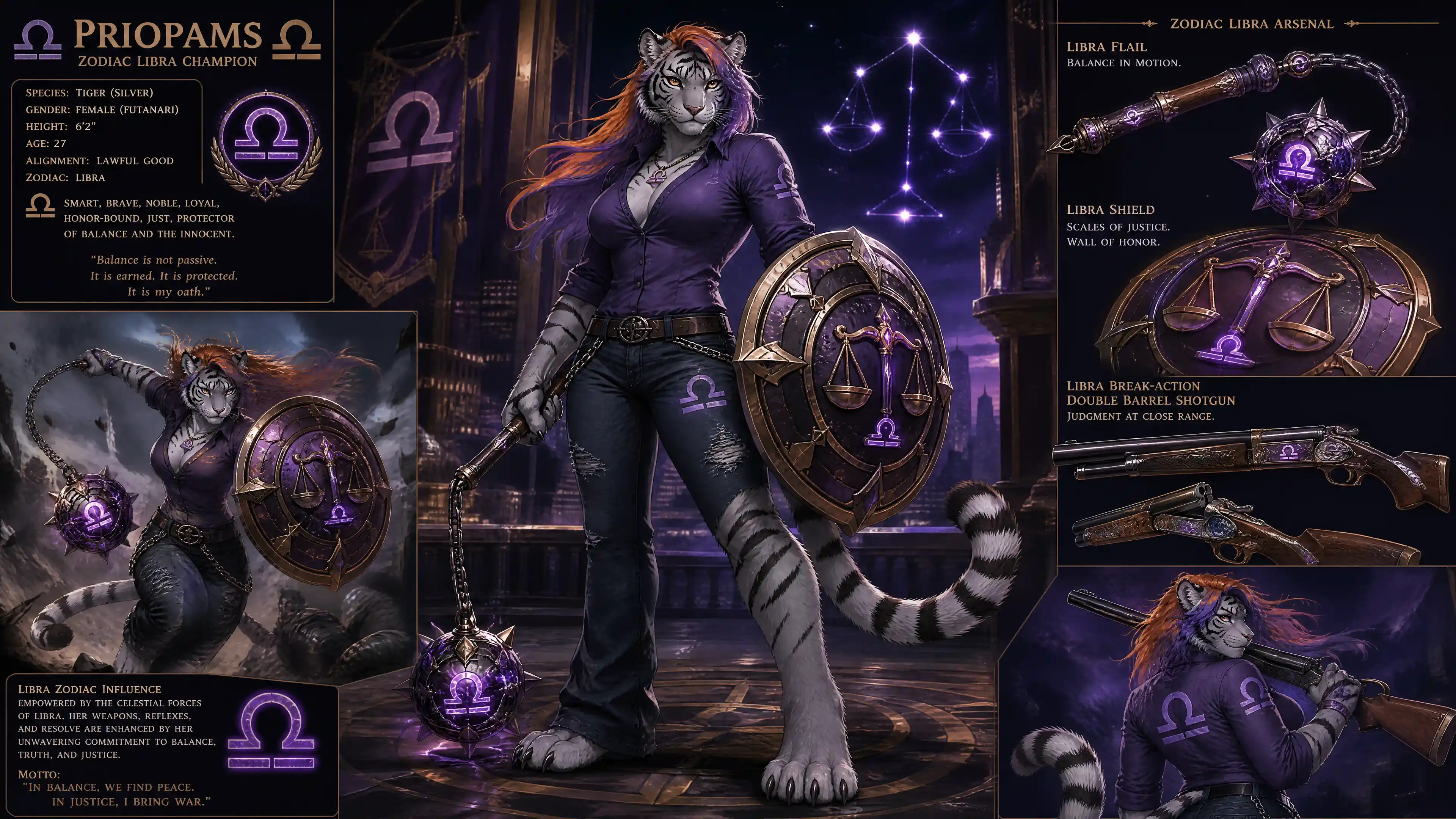 Anthro silver tiger warrior woman with shield and flail