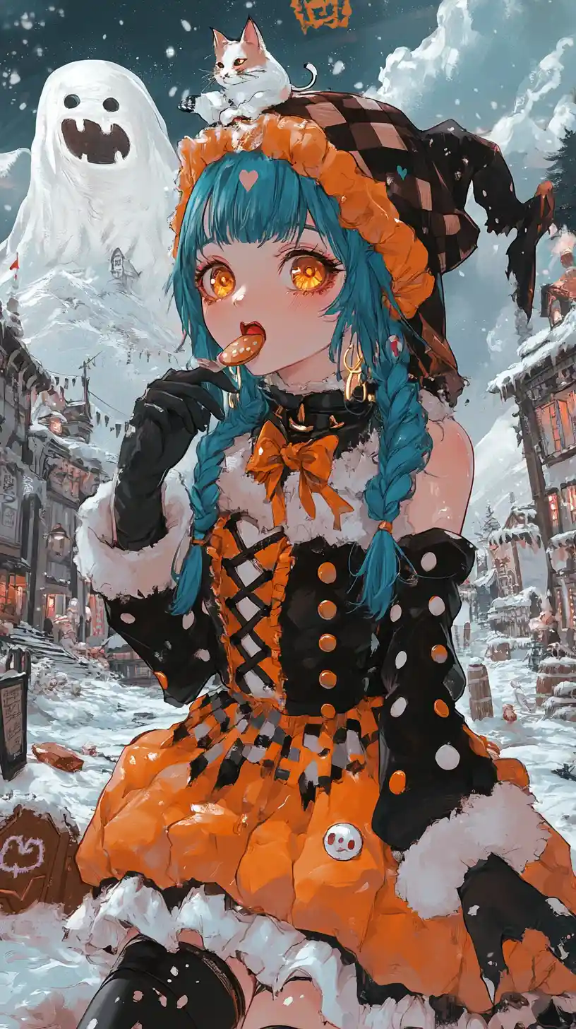 Anime girl licking a knife in a whimsical candy land