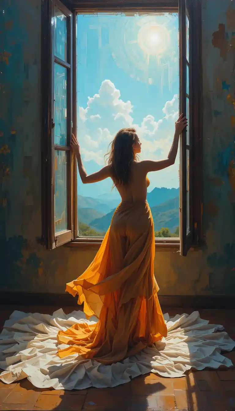 Giovane donna che apre la finestra della camera all’alba in una luce soffusa