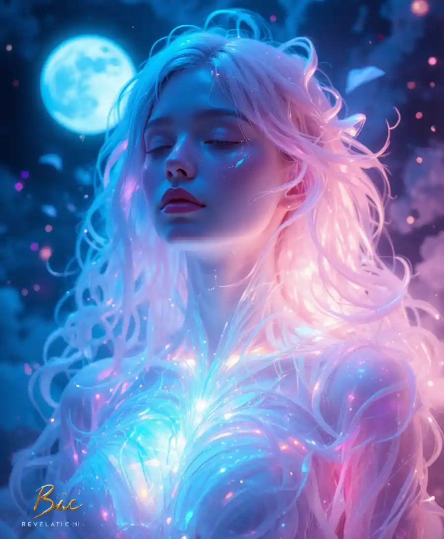 Ethereal woman glowing in moonlit bioluminescent colors